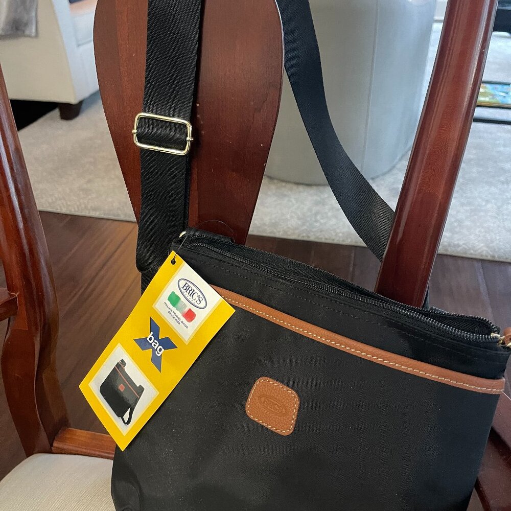 BRICS Crossbody bag, Black nylon fabric with brown leather trim.